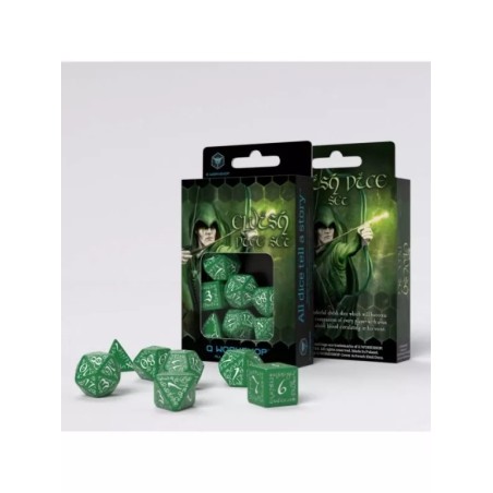 DADOS ÉLFICOS EN VERDE Y BLANCO (7 UNIDADES) - Q WORKSHOP