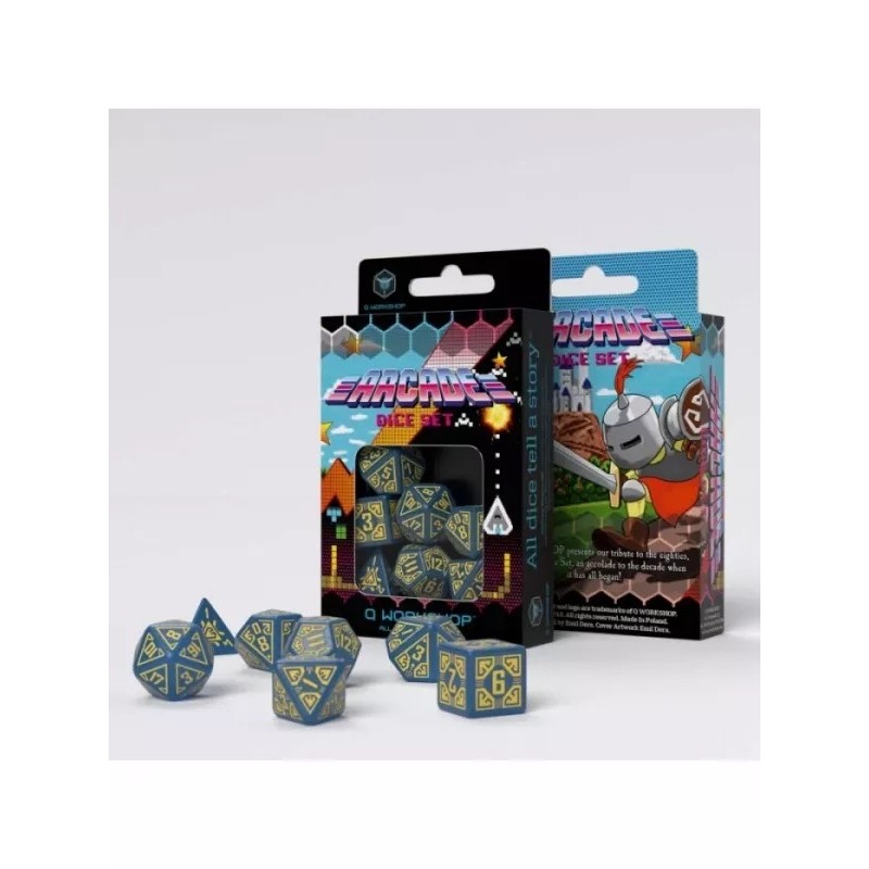 DADOS ARCADE EN AZUL Y AMARILLO (7 UNIDADES) - Q WORKSHOP