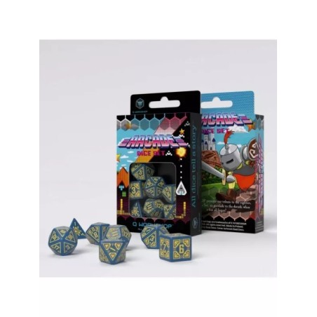 DADOS ARCADE EN AZUL Y AMARILLO (7 UNIDADES) - Q WORKSHOP