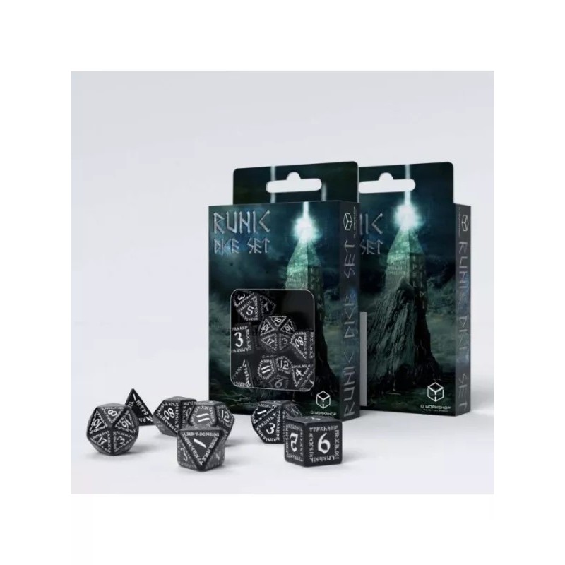 DADOS RÚNICOS EN BLANCO Y NEGRO (7 UNIDADES) - Q WORKSHOP