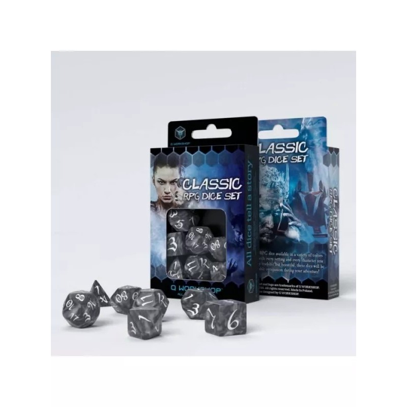 DADOS DE ROL CLÁSICO EN AHUMADO Y BLANCO (7 UNIDADES) - Q WORKSHOP