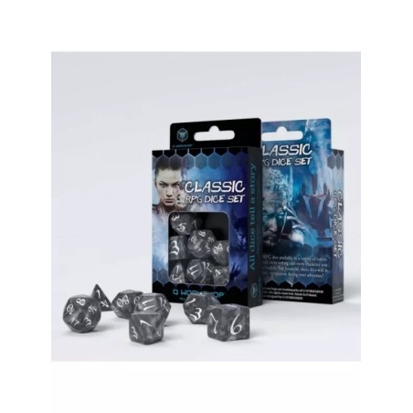 DADOS DE ROL CLÁSICO EN AHUMADO Y BLANCO (7 UNIDADES) - Q WORKSHOP