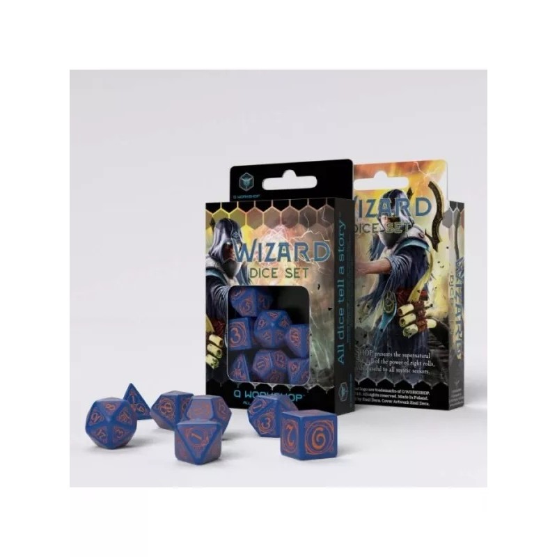 DADOS WIZARD EN AZUL Y NARANJA (7 UNIDADES) - Q WORKSHOP