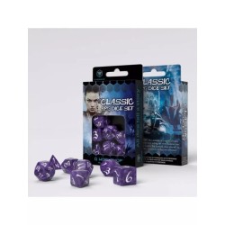 DADOS DE ROL CLÁSICOS EN MORADO Y BLANCO (7 UNIDADES) - Q WORKSHOP