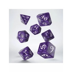 DADOS DE ROL CLÁSICOS EN MORADO Y BLANCO (7 UNIDADES) - Q WORKSHOP