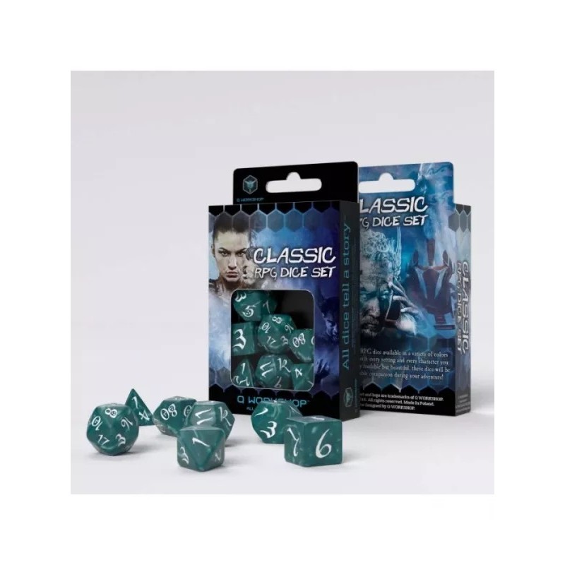 DADOS DE ROL CLÁSICO EN VERDE STORMY & BLANCO (7 UNIDADES) - Q WORKSHOP