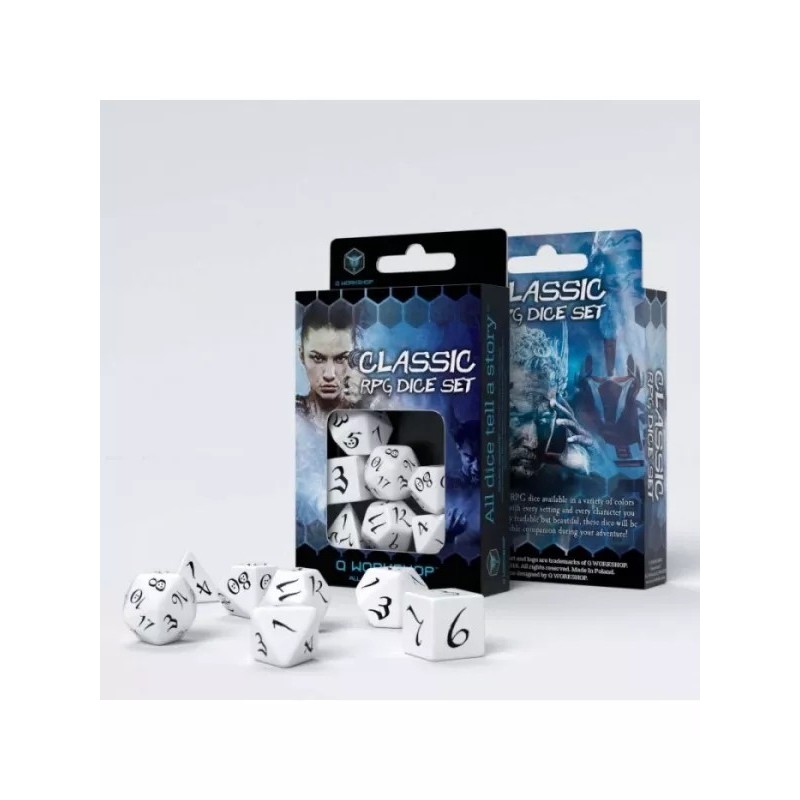 DADOS DE ROL CLÁSICOS EN BLANCO Y NEGRO (7 UNIDADES) - Q WORKSHOP