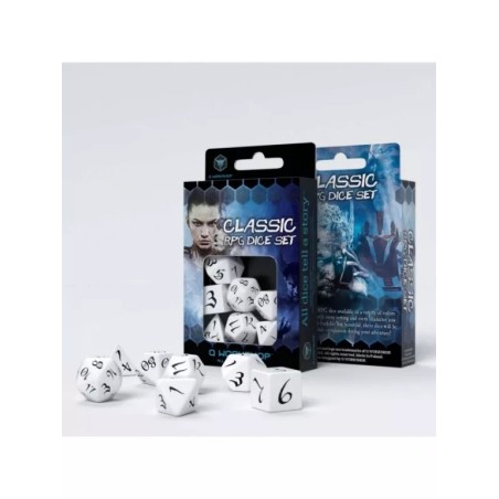 DADOS DE ROL CLÁSICOS EN BLANCO Y NEGRO (7 UNIDADES) - Q WORKSHOP