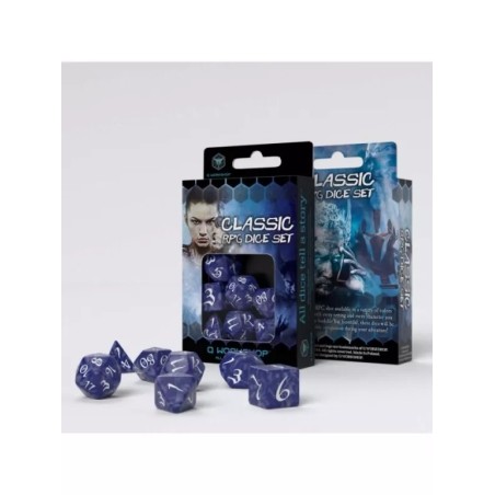 DADOS DE ROL CLÁSICO EN COBALTO Y BLANCO (7 UNIDADES) - Q WORKSHOP