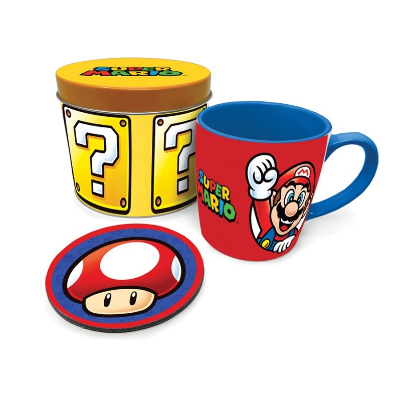 TAZA SUPER MARIO LET'S GO SET DE REGALO TAZA + POSAVASOS Y CAJA METALICA