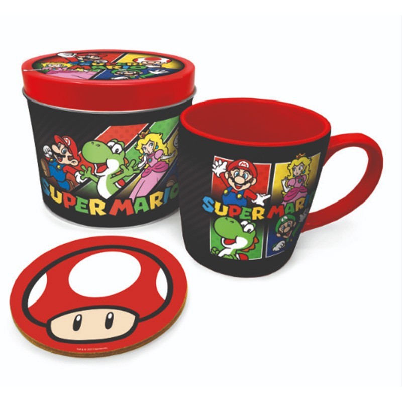 TAZA SUPER MARIO SET DE REGALO TAZA + POSAVASOS Y CAJA METALICA