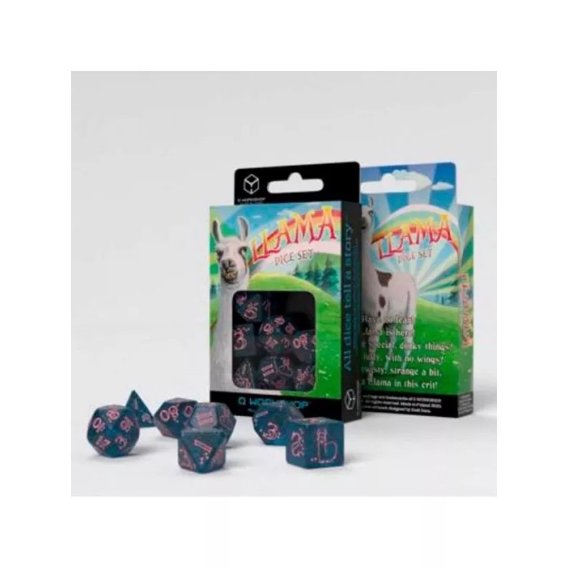 DADOS DE LLAMAS EN AZUL Y ROSA BRILLANTES (7 UNIDADES) - Q WORKSHOP
