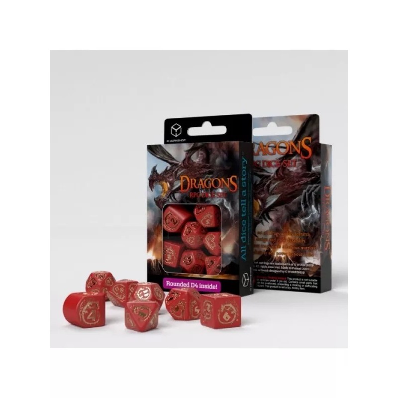 DADOS DRAGONS MODERN ROJO & ORO (7 UNIDADES) - Q WORKSHOP