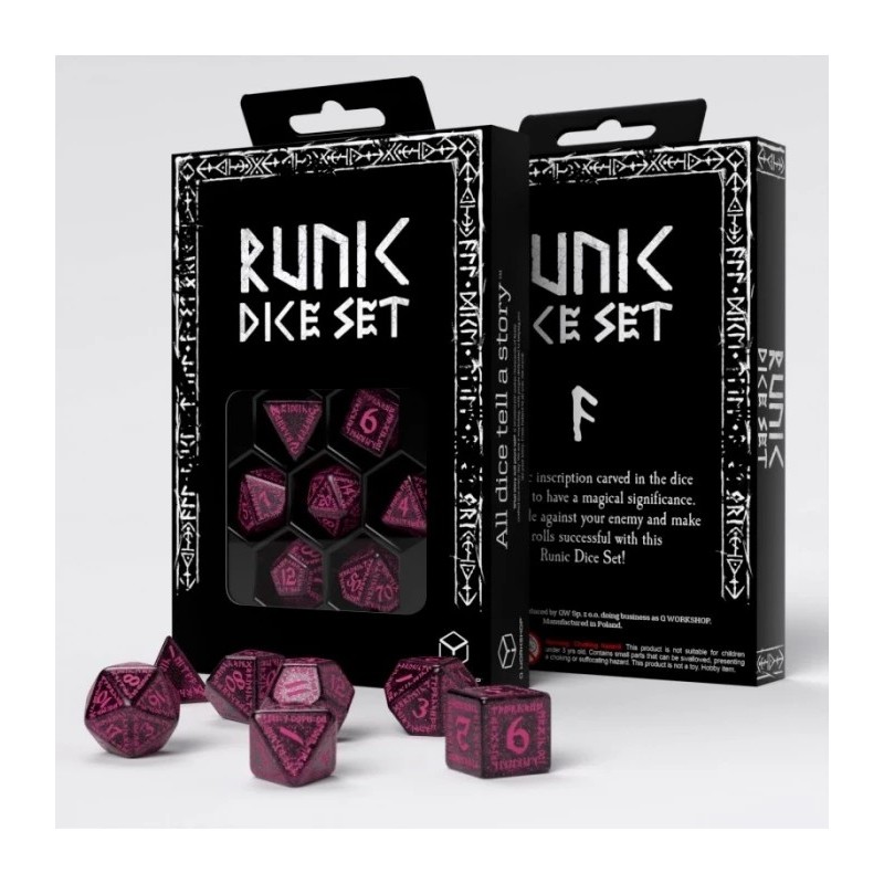 DADOS RUNIC SHIMMERING NEGRO Y MAGENTA (7 UNIDADES) - Q WORKSHOP