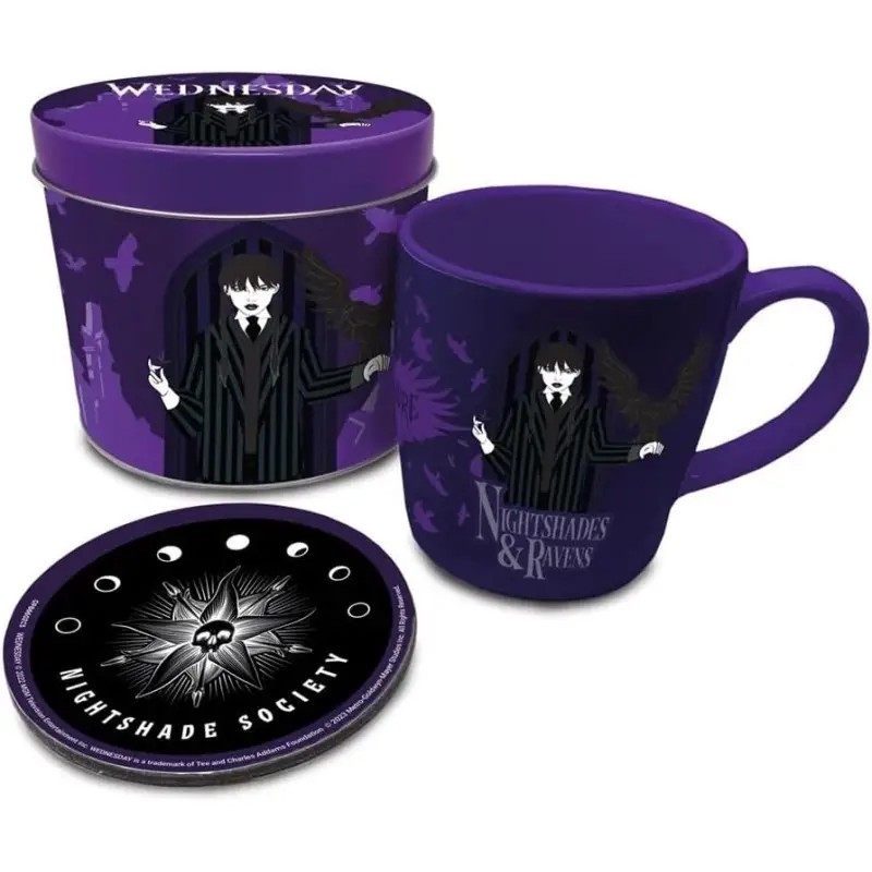 TAZA WEDNESDAY (MIÉRCOLES) SET DE REGALO TAZA + POSAVASOS Y CAJA METALICA